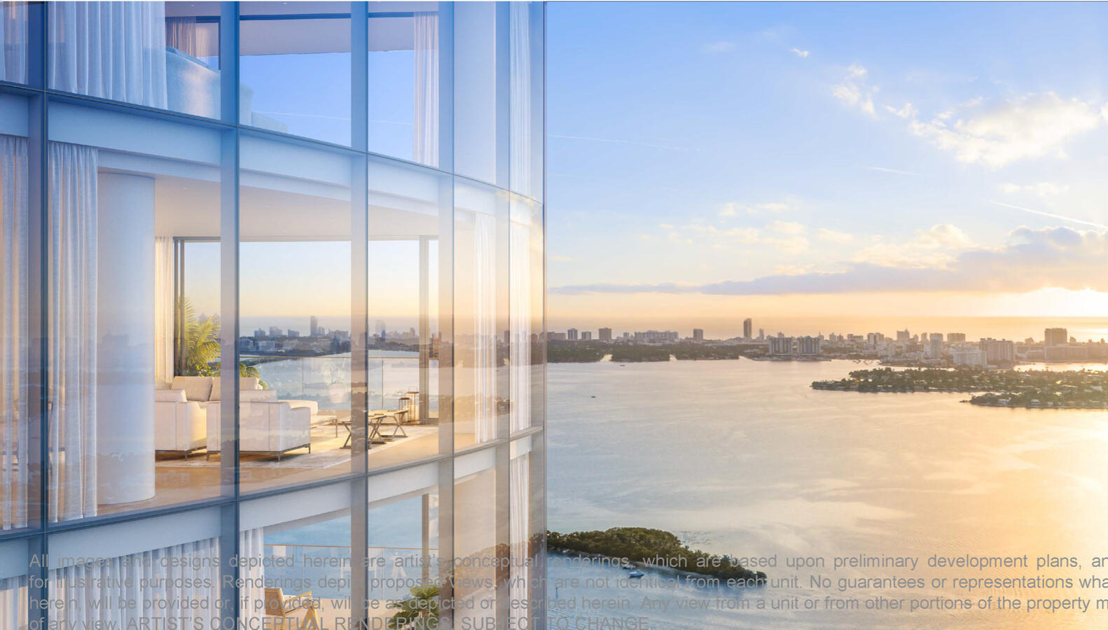 Up to 12-foot deep terraces with panoramic views of Biscayne Bay, Downtown Miami, Miami Beach, and the Atlantic Ocean
